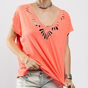 Free People Coral Cutout Double V-Neck Tee